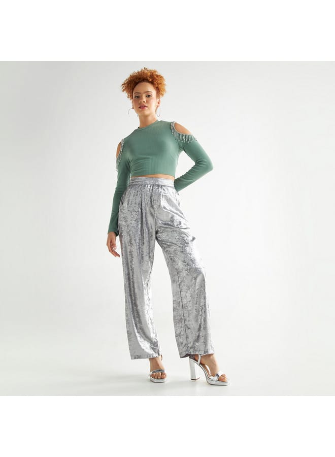 Splash FAV Embellished Crop T-shirt with Cold Shoulder Detail  - Image 2