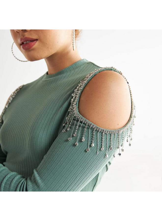 Splash FAV Embellished Crop T-shirt with Cold Shoulder Detail  - Image 4