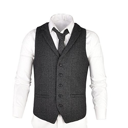 VOBOOM Mens Herringbone Tailored Collar Waistcoat Fullback Wool Tweed Suit Vest (Dark Grey, XX-Large) - Image 3