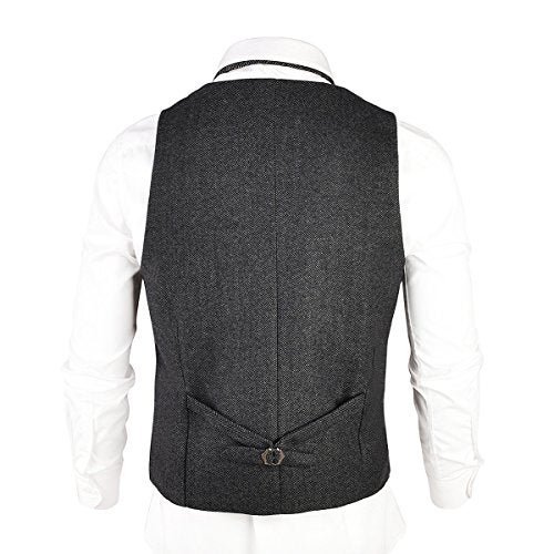VOBOOM Mens Herringbone Tailored Collar Waistcoat Fullback Wool Tweed Suit Vest (Dark Grey, XX-Large) - Image 4