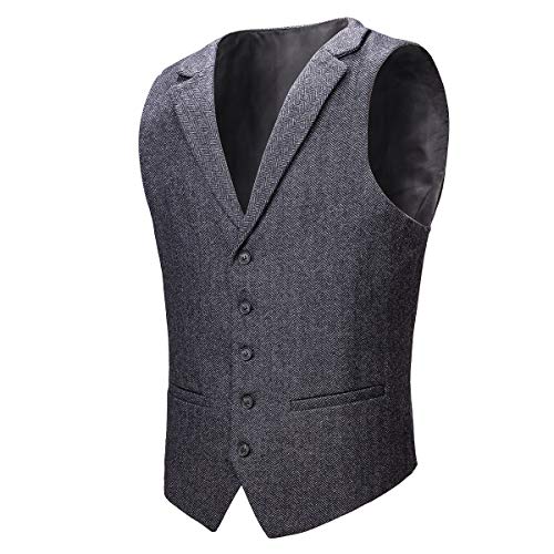 VOBOOM Mens Herringbone Tailored Collar Waistcoat Fullback Wool Tweed Suit Vest (Dark Grey, XX-Large) - Image 1