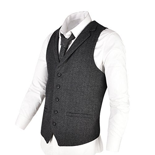VOBOOM Mens Herringbone Tailored Collar Waistcoat Fullback Wool Tweed Suit Vest (Dark Grey, XX-Large) - Image 2