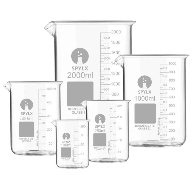 SPYLX Borosilicate Glass Beaker 100 ml 250 ml 500 ml 1000 ml 2000 ml with Graduation Marks Set of 5 Beakers Glass Low Form Glass Beaker with more accurate scale - Image 1