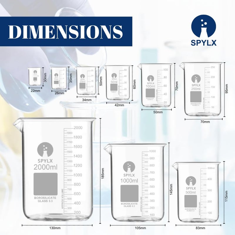 SPYLX Borosilicate Glass Beaker 100 ml 250 ml 500 ml 1000 ml 2000 ml with Graduation Marks Set of 5 Beakers Glass Low Form Glass Beaker with more accurate scale - Image 2