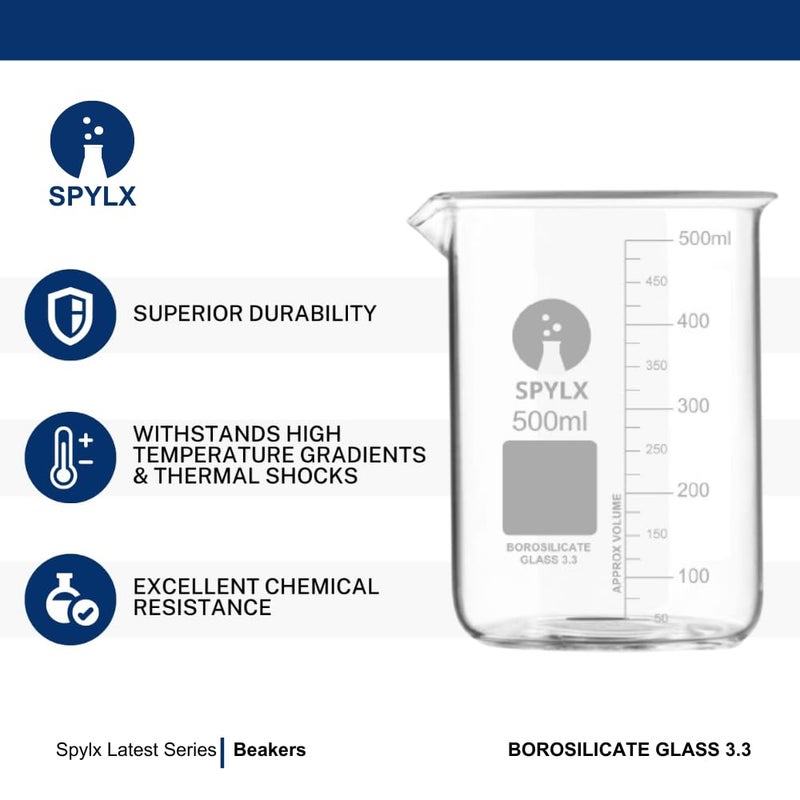SPYLX Borosilicate Glass Beaker 100 ml 250 ml 500 ml 1000 ml 2000 ml with Graduation Marks Set of 5 Beakers Glass Low Form Glass Beaker with more accurate scale - Image 3
