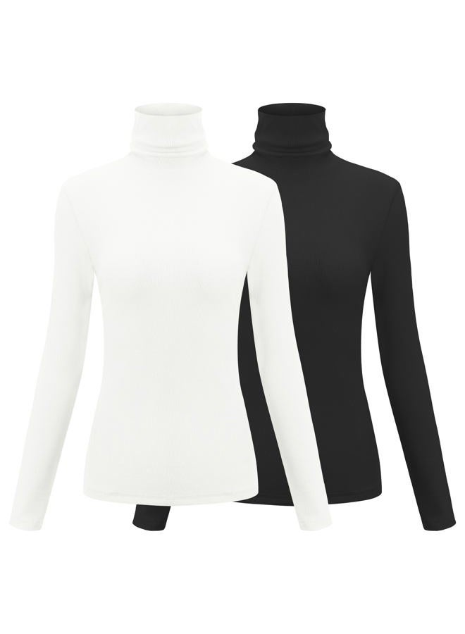 Herou 2 Pack Womens Long Sleeve Turtleneck Slim Fitted Lightweight Casual Active Layer Tops Shirts, Black,white, XL - Image 1