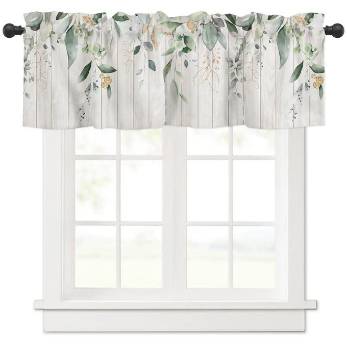 SAGE GREEN EUCALYPTUS LEAF KITCHEN CURTAINS VALANCES FOR WINDOWS SPRING SUMMER WATERCOLOR LEAVES ROD POCKET VALANCE 1 PANEL SHORT TOPPERS CURTAIN 54X18 INCH FOR BEDROOM BATHROOM LIVING ROOM DECOR