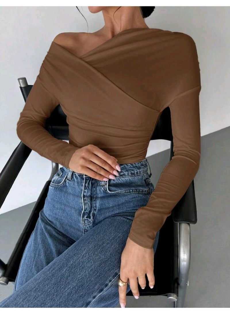 شي إن بلوزة نسائية من فايري بلون موحد وياقة غير متماثلة ملفوفة - Image 2