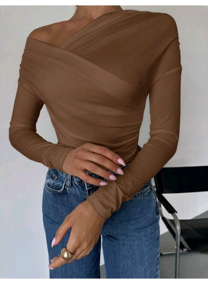 شي إن بلوزة نسائية من فايري بلون موحد وياقة غير متماثلة ملفوفة - Image 4