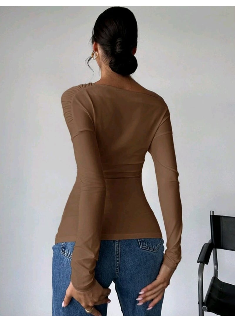 شي إن بلوزة نسائية من فايري بلون موحد وياقة غير متماثلة ملفوفة - Image 5