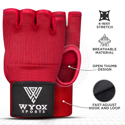 WYOX Gel Boxing Hand Wraps Inner Gloves for Men and Women, Quick 80cm Long Wrist Straps, Elasticated Padded Boxing Wraps for Muay Thai, MMA, Kickboxing, Martial Arts Training Bandages (Red, S/M) - Image 2