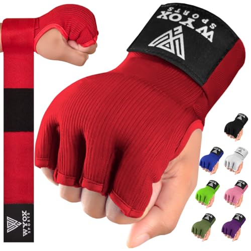 WYOX Gel Boxing Hand Wraps Inner Gloves for Men and Women, Quick 80cm Long Wrist Straps, Elasticated Padded Boxing Wraps for Muay Thai, MMA, Kickboxing, Martial Arts Training Bandages (Red, S/M) - Image 1