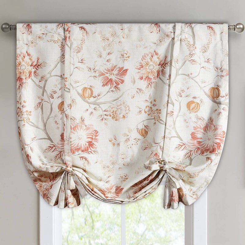 VOGOL Floral Printed Tie Up Valance for Windows Vintage Rod Pocket Balloon Shades Linen Textured Short Curtains for Dining Room 1 Panel Orange Red 42x63