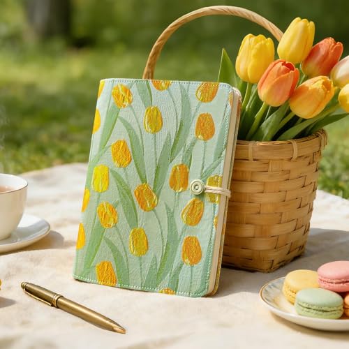ipoul A5 Binder 6 Ring Flower Embroidered Journal Refillable Notebook A5 Journal Cover 6x8 Blank Paper Sketchbook Travel Journal for Women Binder Notebook Planner Binder Tulip Flowers - Image 3