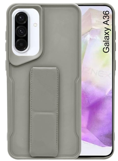 For Samsung Galaxy A36 - Hard Silicone Magnetic Back Stand Case  With Foldable Kickstand & Finger Strap  - Grey