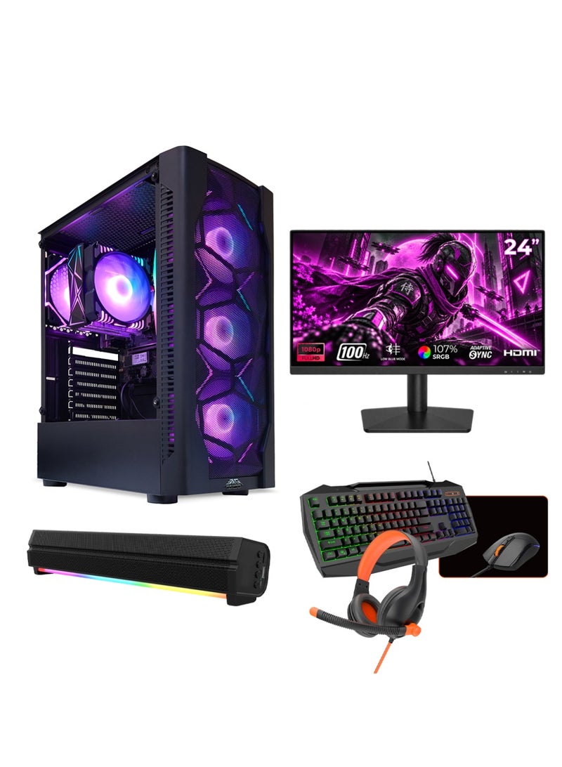 عرب جيمرز حزمة كمبيوتر ألعاب متكاملة - معالج Intel Core i5-12400F، بطاقة رسومات RTX 5050 8 جيجابايت، 16 جيجابايت رام، 1 تيرابايت NVMe SSD، شاشة 24 بوصة FHD، ملحقات، ويندوز 11 برو، أسود - Image 1