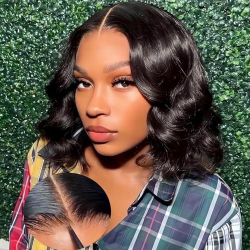 ISEE Wear and Go Glueless Wigs Human Hair Pre Plucked Pre Cut Short Bob Body Wave Lace Front Wigs Human Hair for Women Upgraded Glueless Bob Wig No Glue 6x4 HD Lace Closure Wigs (12 Inch) - Image 1