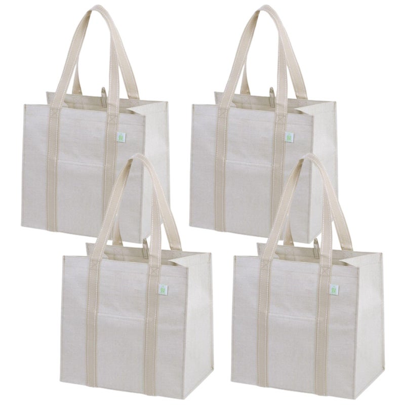 VENO 4 Pack Reusable Grocery Bags, Heavy-Duty Shopping Bags with Handles, Bags for Shopping Cart with Hard Bottom to Stand Upright, Foldable, Multi-Purpose, Sustainable (Beige, 4 Pack) - Image 1