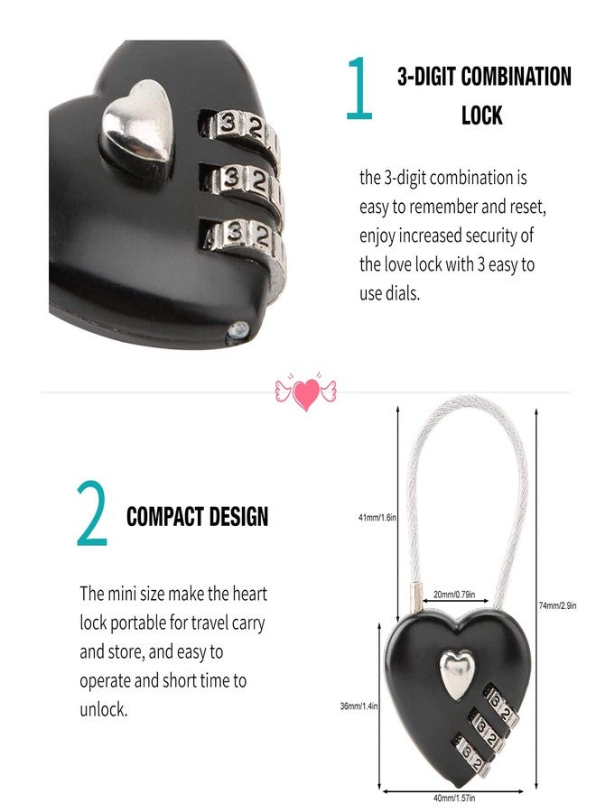 Cuifati Heart Shape Code Lock Compact mini Size with 3 Digit Code Combination for Luggage, Backpack, Jewelry Box, Hall Locker(Black) - Image 3