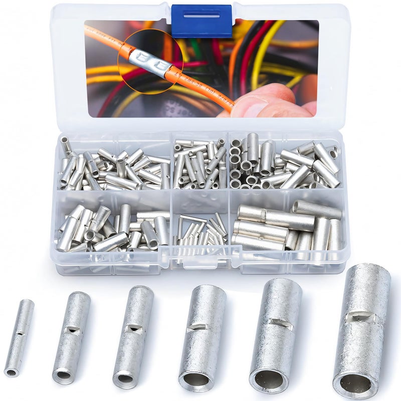 Wirefy 200 PCS Non Insulated Butt Connectors Kit - Butt Splice Connectors - Uninsulated Crimp Wire Connectors - 24-8 AWG