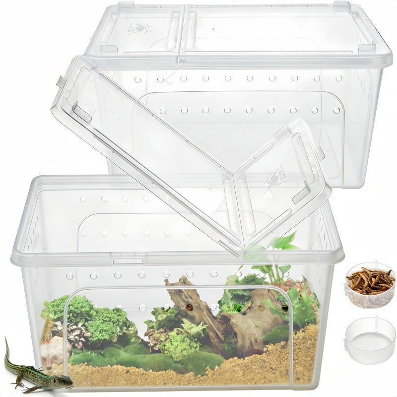 Tlence 2 Pack Reptile Feeding Box, 12.6"x8.7"x6" Transparent Snake Enclosure Terrarium, Plastic Spider Habitat Cage with Feeding Bowl, Small Hatching Container with Ventilated Lid for Lizard Frog - Image 1