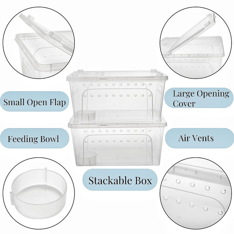 Tlence 2 Pack Reptile Feeding Box, 12.6"x8.7"x6" Transparent Snake Enclosure Terrarium, Plastic Spider Habitat Cage with Feeding Bowl, Small Hatching Container with Ventilated Lid for Lizard Frog - Image 4