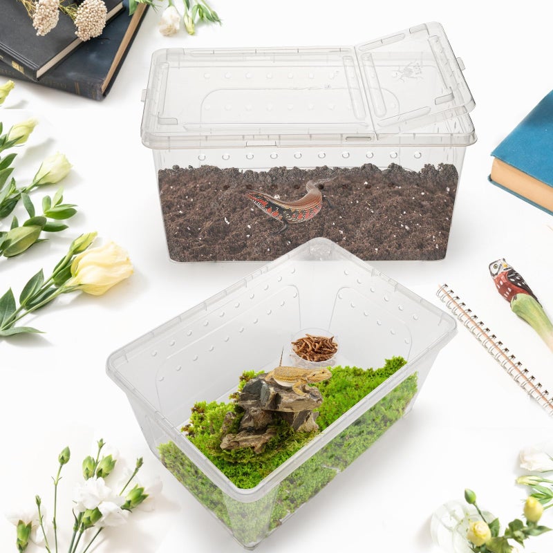 Tlence 2 Pack Reptile Feeding Box, 12.6"x8.7"x6" Transparent Snake Enclosure Terrarium, Plastic Spider Habitat Cage with Feeding Bowl, Small Hatching Container with Ventilated Lid for Lizard Frog - Image 5