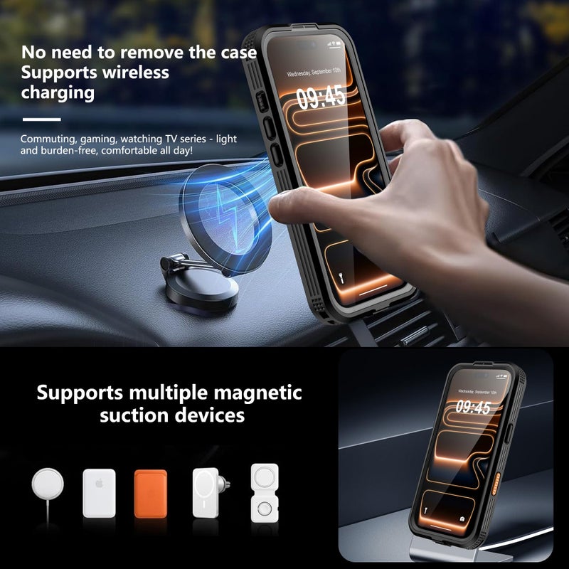 GOLDJU 2025 New Magnetic for iPhone 17 Pro Case-Waterproof, Built-in Screen & Camera Protector-IP68 Underwater Full Body 16FT Military Dropproof Shockproof Case for 17 Pro 6.3''- Black - Image 4