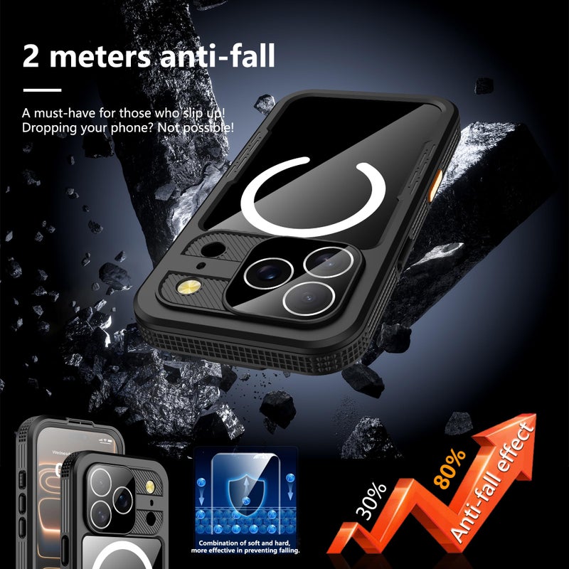 GOLDJU 2025 New Magnetic for iPhone 17 Pro Case-Waterproof, Built-in Screen & Camera Protector-IP68 Underwater Full Body 16FT Military Dropproof Shockproof Case for 17 Pro 6.3''- Black - Image 2