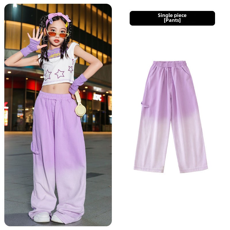 Kids Jazz Dance Costume Crop Top Harem Pants Set Purple Gradient Trousers