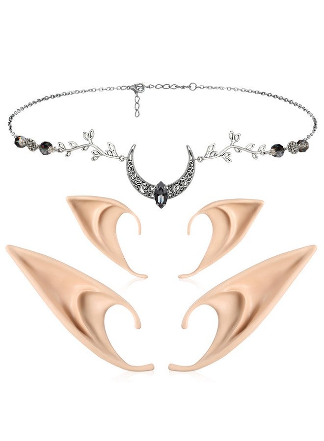 FRESHME Elf Fairy Ears With Headpiece Handmade Moon Headdress With Crystal Glass For Men Women Renaissance Party Cosplay Celtic Party Elf Ears Silver Fairy Headpiece - Image 1