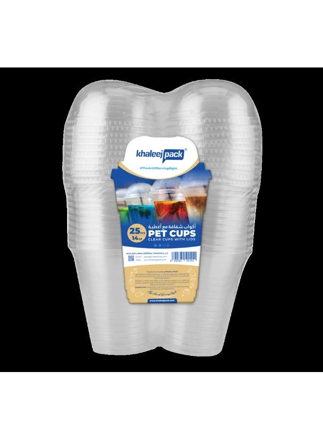 Khaleej Pack أكواب عصير بلاستيكية شفافة سعة 14 أونصة، 25 قطعة، أكواب بت غطاء قابلة للتصرف - Image 1
