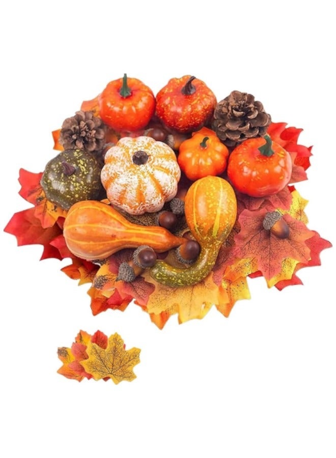 Thanksgiving Artificial Pumpkins Gourds Home Decoration Set 50Pcs ,30 Fake Maple Leaves 10 Fake Acorns 2 Fake Pinecones 8 Fake Pumpkins - Image 1