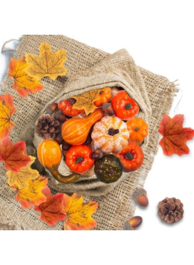 Thanksgiving Artificial Pumpkins Gourds Home Decoration Set 50Pcs ,30 Fake Maple Leaves 10 Fake Acorns 2 Fake Pinecones 8 Fake Pumpkins - Image 2