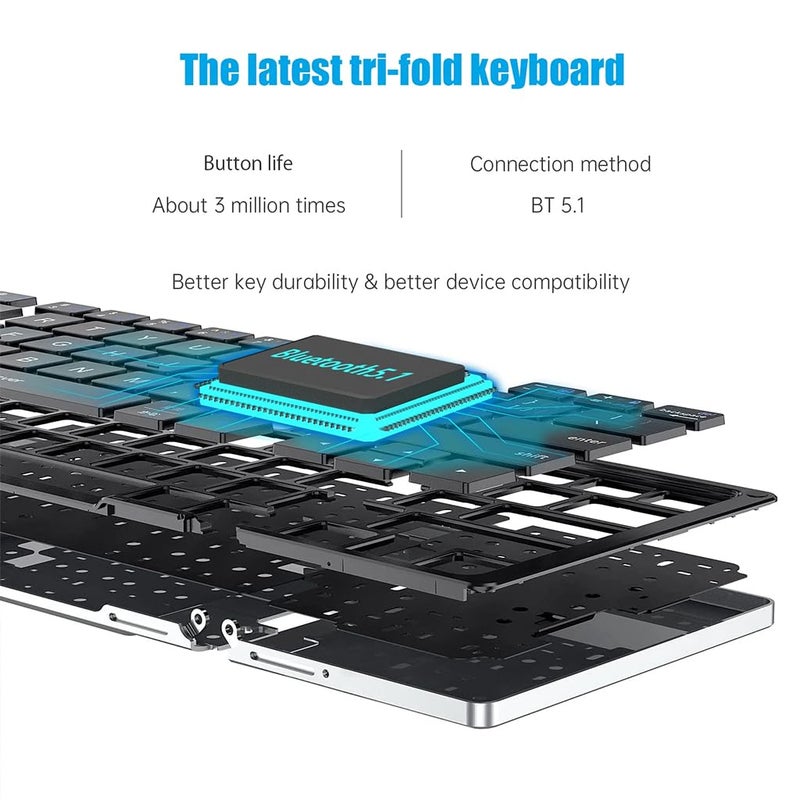 TECPHILE Wireless Bluetooth Foldable Keyboard Full Size Multi-Device Portable Keyboard, Compact, Silent & Rechargeable, Connect Upto 3 Devices for Tablet/Laptop/Phone/iOS/Android - Image 4