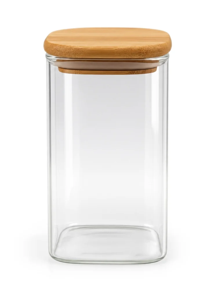 Cuisine Art Cuisine Art Glass Storage Jar with Bamboo Lid, 1020 ml, Clear Square Design, Airtight Seal, 375g Glass Body, Kitchen Canister, Food Storage