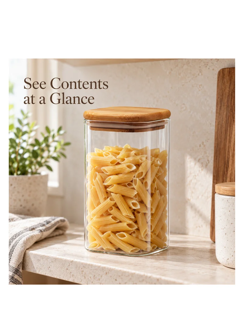 Cuisine Art Cuisine Art Glass Storage Jar with Bamboo Lid, 1020 ml, Clear Square Design, Airtight Seal, 375g Glass Body, Kitchen Canister, Food Storage