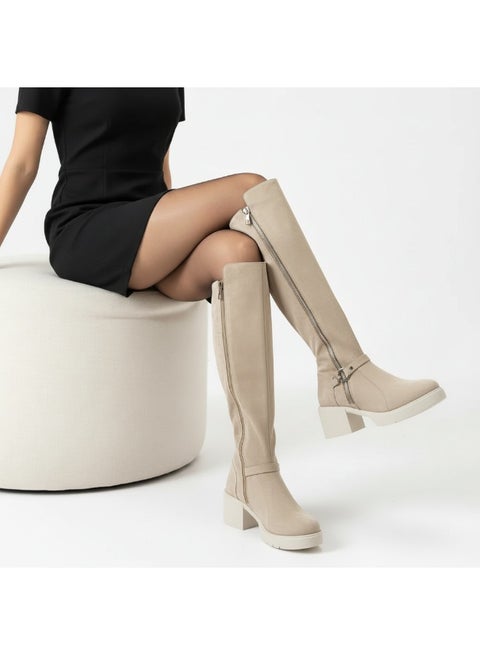 بوت طويل بكعب متوسط من شمواه أنيق LB-42 - بيج