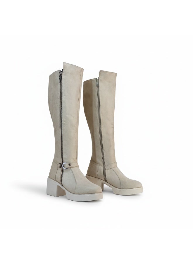 لايف ستيلاش  بوت طويل بكعب متوسط من شمواه أنيق LB-42 - بيج - Image 2