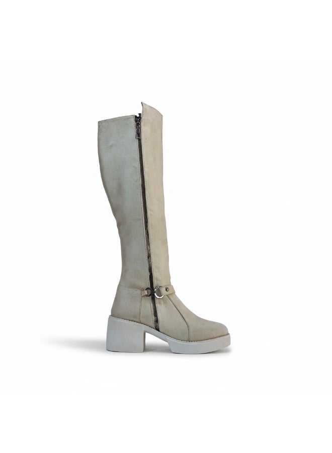 لايف ستيلاش  بوت طويل بكعب متوسط من شمواه أنيق LB-42 - بيج - Image 3