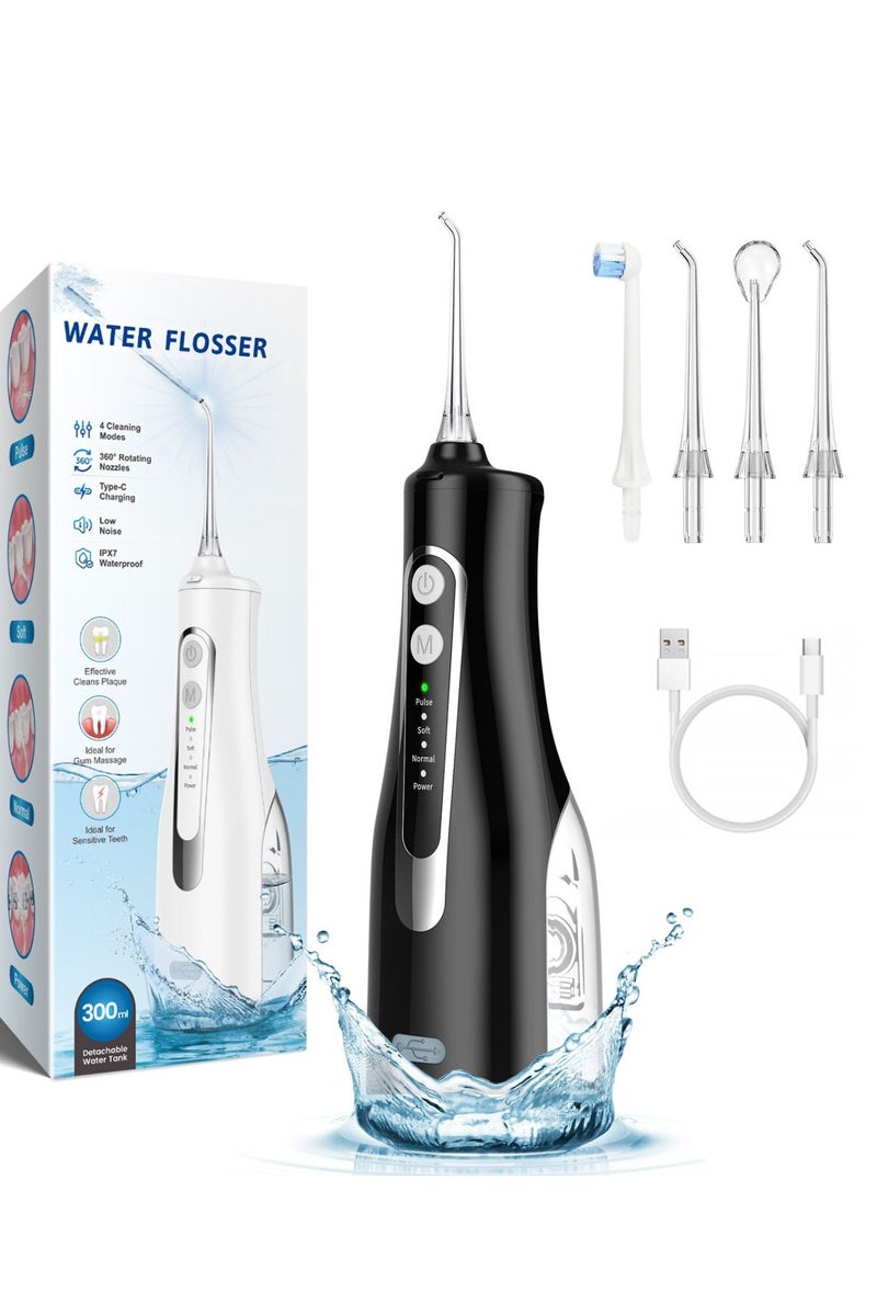 Reva Cordless Rechargeable Water Flosser – Portable IPX7 Waterproof Oral Irrigator With 360° Rotating Nozzle, 4 Modes, 4 Jet Tips & 300ml Tank – Ideal For Braces & Dental Care (Black)  - Image 1