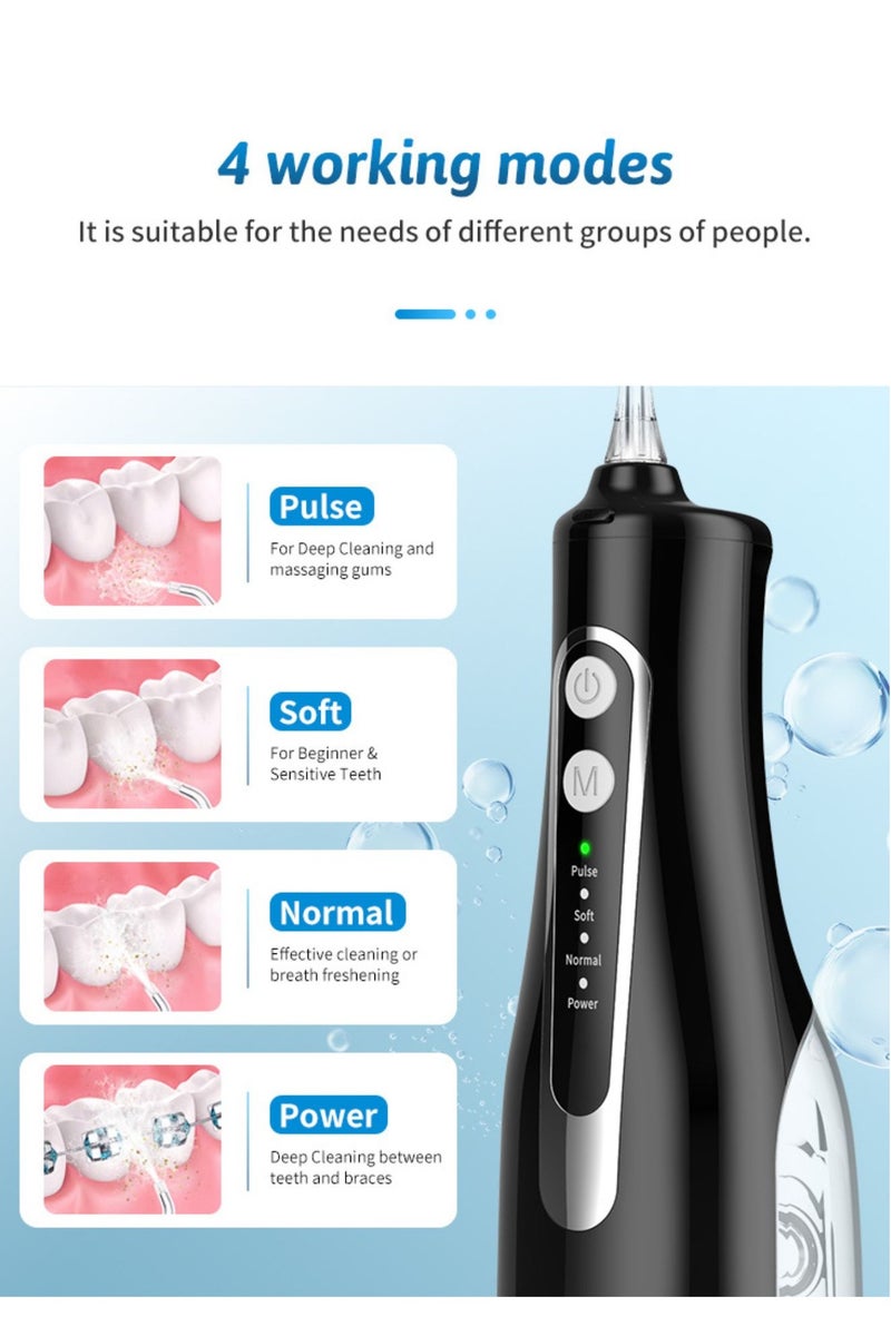 Reva Cordless Rechargeable Water Flosser – Portable IPX7 Waterproof Oral Irrigator With 360° Rotating Nozzle, 4 Modes, 4 Jet Tips & 300ml Tank – Ideal For Braces & Dental Care (Black)  - Image 3