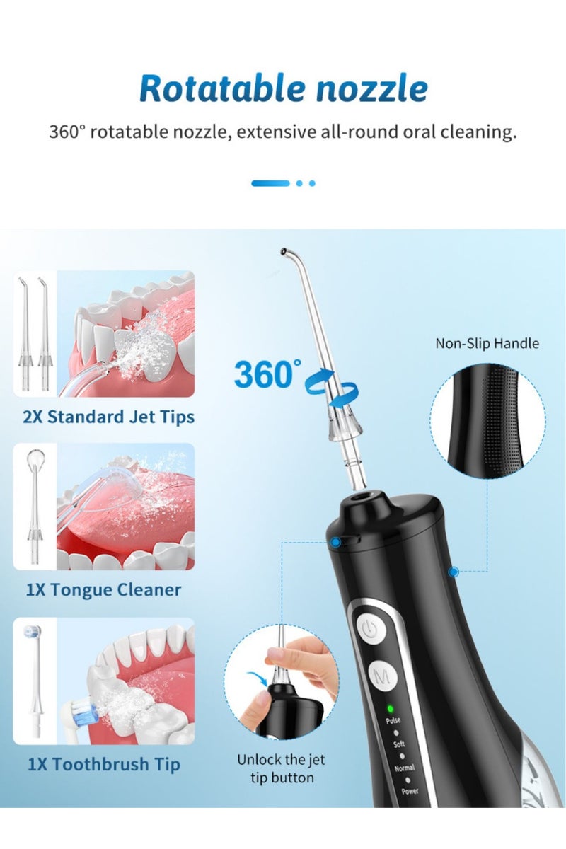 Reva Cordless Rechargeable Water Flosser – Portable IPX7 Waterproof Oral Irrigator With 360° Rotating Nozzle, 4 Modes, 4 Jet Tips & 300ml Tank – Ideal For Braces & Dental Care (Black)  - Image 4