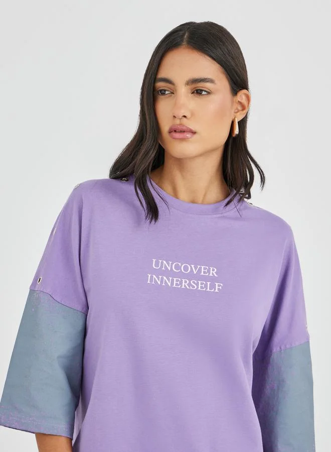 Styli Styli Spray Painted Exaggerated Shoulder Oversized T-Shirt with Eyelet Detail
