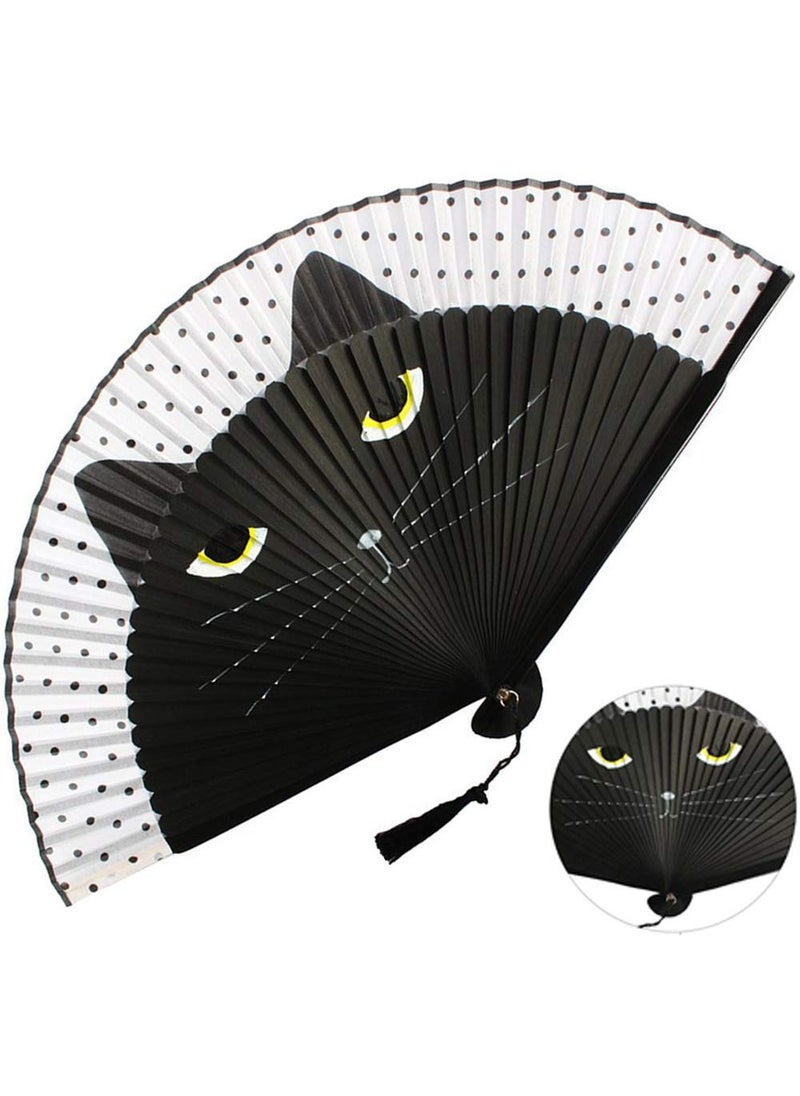 bifofo Bifofo Cartoon Cat Folding Silk Fan with Bamboo Frames and Elegant Tassel for Dancing Cosplay Wedding Party Props Decoration 