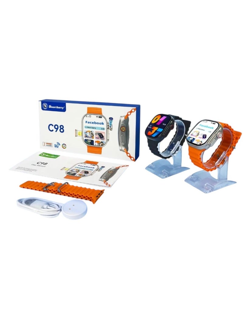 Smartbarry - C96 Ultra Android Smartwatch With Sim and 6Gb Ram 64Gb Rom Rotating camera 2 set Strap - BLACK - Image 1