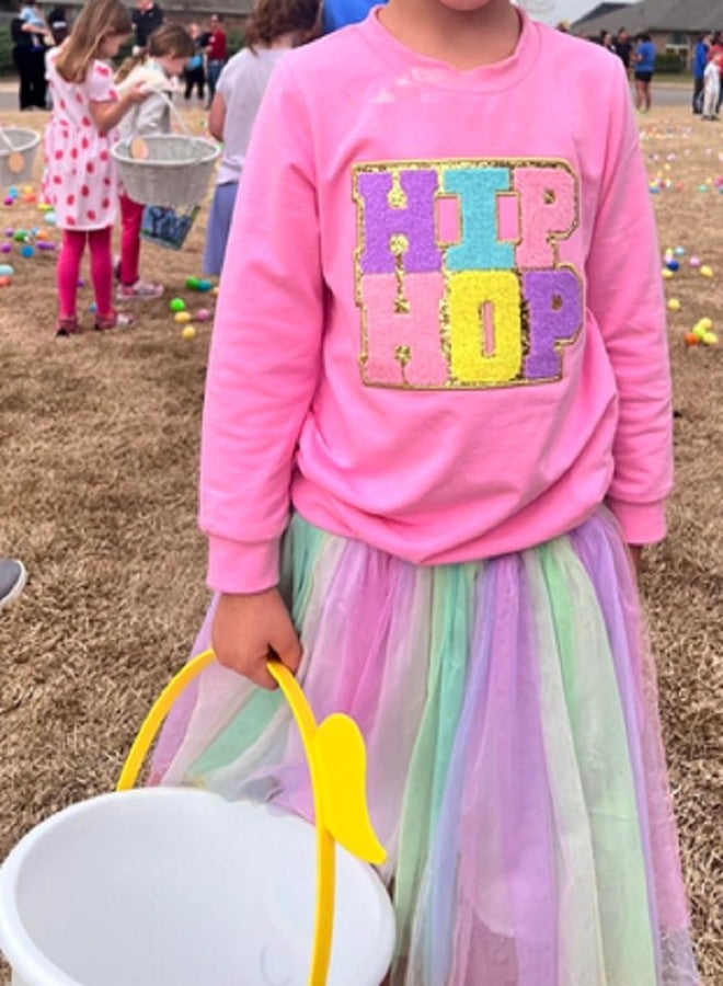 JLKGICF Toddler Girl Easter Outfit Baby Easter Dress Bunny Letter Print T-shirt and Tulle Tutu Skirts Little Girls Clothes (Hiphop Pink, 5-6 Years) - Image 2