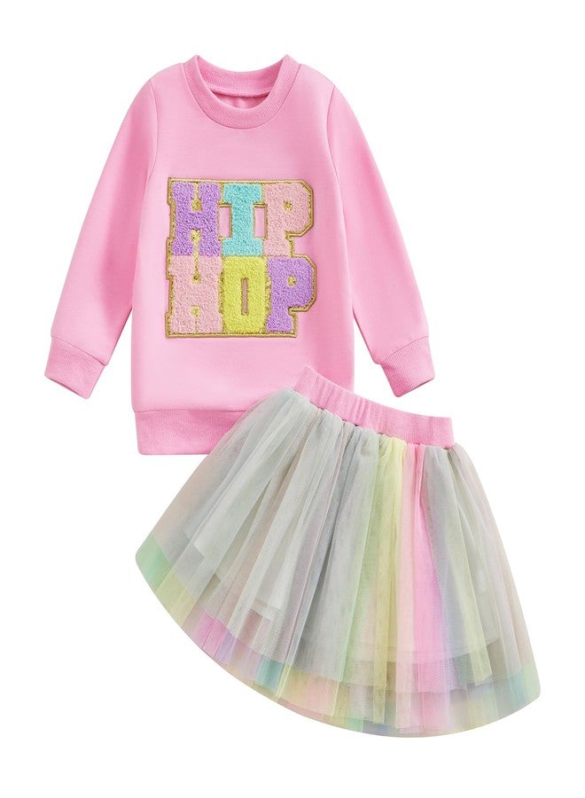 JLKGICF Toddler Girl Easter Outfit Baby Easter Dress Bunny Letter Print T-shirt and Tulle Tutu Skirts Little Girls Clothes (Hiphop Pink, 5-6 Years) - Image 1