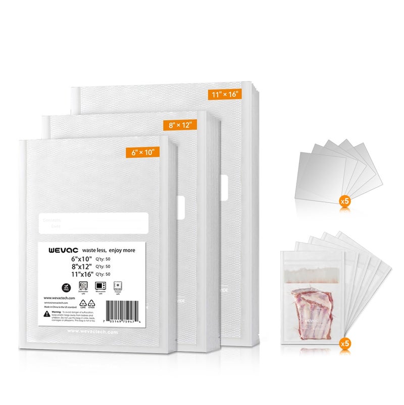 Wevac Vacuum Sealer Bags 150 Gallon 11 x 16 and Quart 8 x 12 and Pint 6 x 10 5 Liquid Block Bags  5 Bone Guard Pieces Heavy Duty for Food Storage Sous Vide  Meal Prep