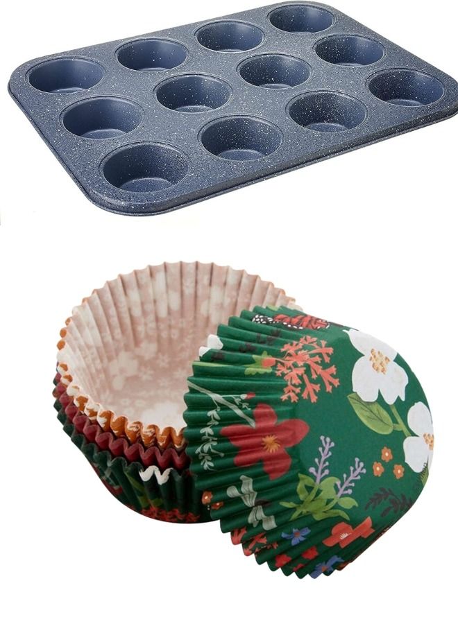 قالب كب كيك مستطيل 12 عين ومجموعه من 33 قطعه ورق كب كيك متعدده الاشكال - Image 1